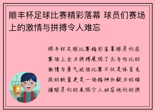 顺丰杯足球比赛精彩落幕 球员们赛场上的激情与拼搏令人难忘